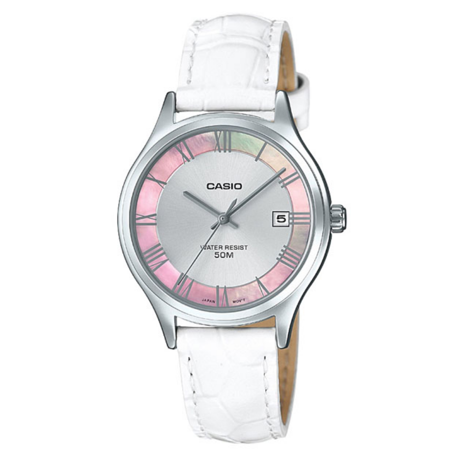 Montre CASIO Femme - Bracelet Blanc En Cuir Véritable - Cadran Blanc - 12 Mois De Garantie - LTP-E142L-7A1VDF