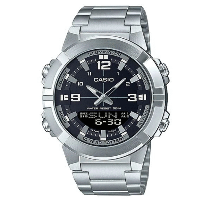 Montre CASIO Jeunesse - Bracelet Gris En Acier Inoxydable - Boitier En Resine - 12 Mois De Garantie - AMW-870D-1AVDF