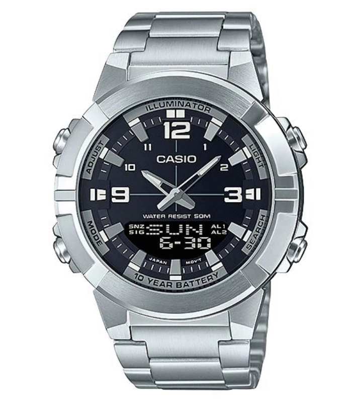 Montre CASIO Jeunesse - Bracelet Gris En Acier Inoxydable - Boitier En Resine - 12 Mois De Garantie - AMW-870D-1AVDF