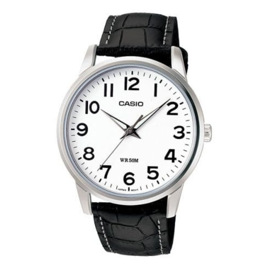 Montre Homme Casio MTP-1303L-7BVDF - Classique, Bracelet cuir, Étanche 50m, Verre minéral, Précision ±20s/mois - Noir/Argent