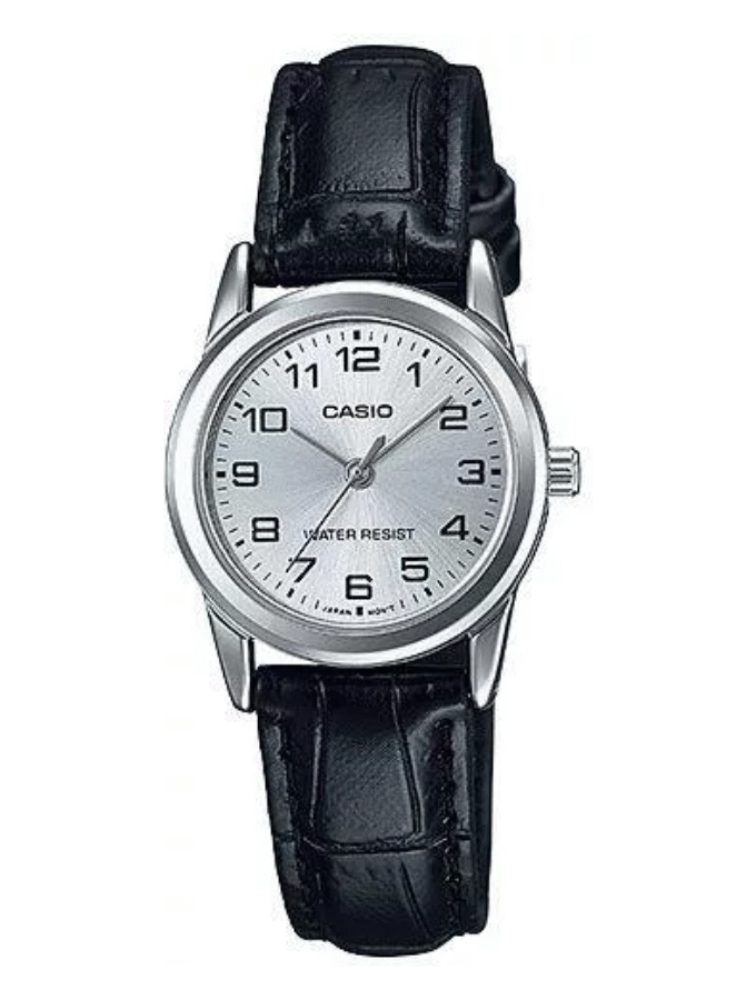 Montre CASIO Femme - LTP-V001L-7BUDF - Bracelet Noir En Cuir Véritable - Cadran Blanc - 12 Mois De Garantie