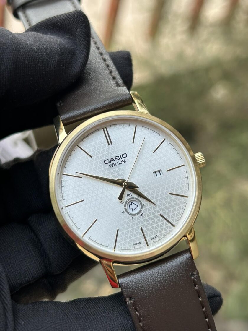 montre homme casio mtp b125gl 7avdf bracelet en cuir marron affichage analogique verre minéral