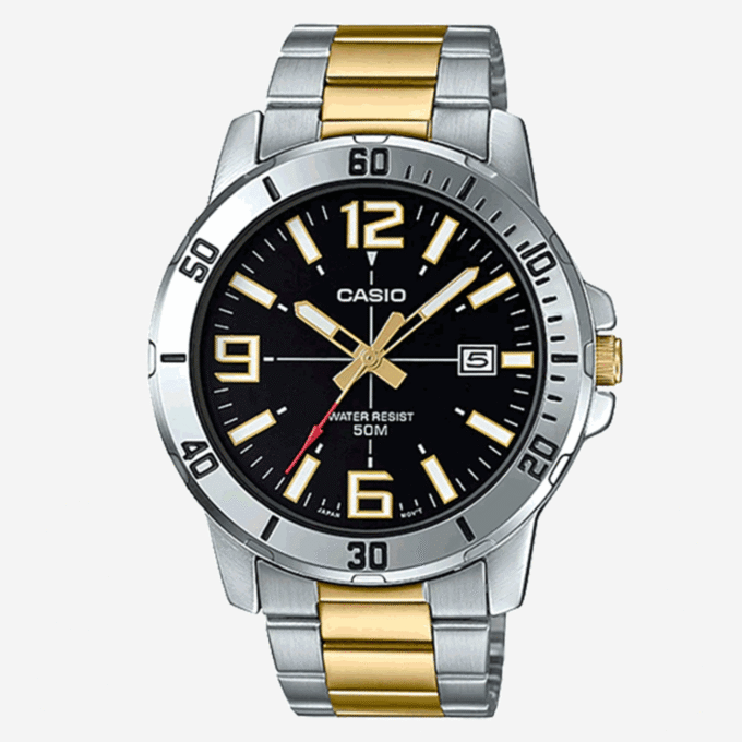 MONTRE CASIO HOMME – MTP-VD01SG-1BVUDF - BRACELET GRIS/DORÉE EN ACIER INOXYDABLE – RÉSISTANTE À L’EAU – 12 MOIS DE GARANTIE