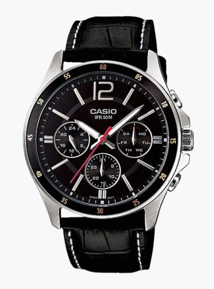 Montre Homme Casio - MTP-1374L-1AVDF - Bracelet en cuir noir - Chronographe - Verre minéral