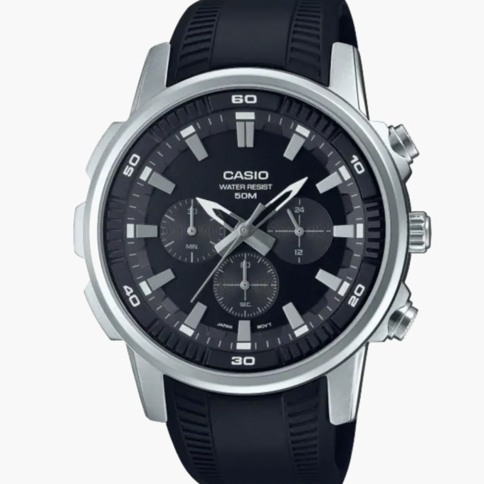 Montre Homme Casio MTP-E505-1AVDF - Chronographe, Résistante à leau 50m, Bracelet résine noir, Style classique, Référence MTP-E505-1AVDF