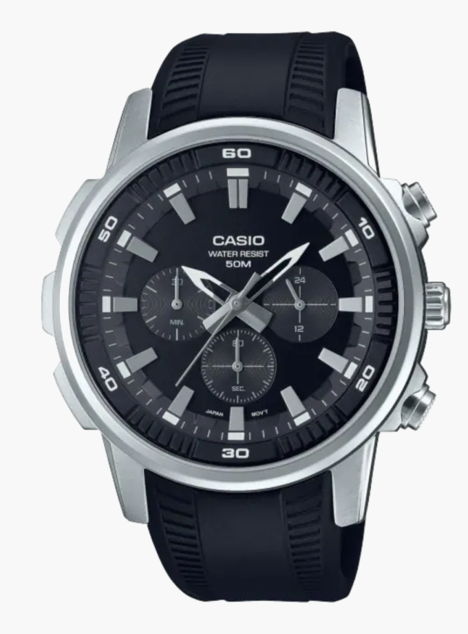 Montre Homme Casio MTP-E505-1AVDF - Chronographe, Résistante à leau 50m, Bracelet résine noir, Style classique, Référence MTP-E505-1AVDF