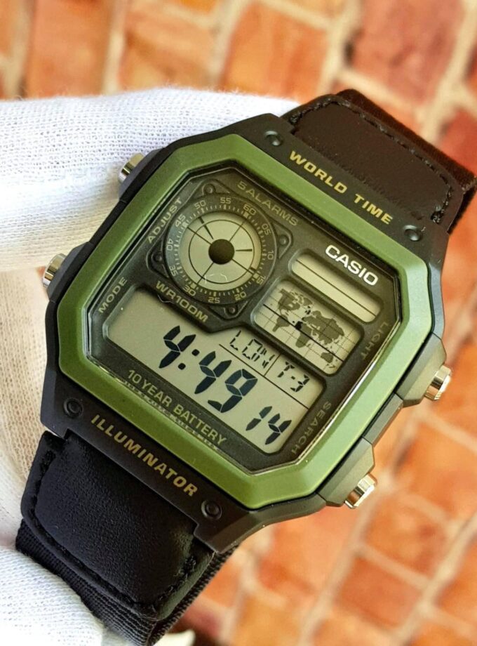casio montre homme ae 1200whb 1bvdf bracelet en textile noir/vert affichage numérique résistant à l'eau