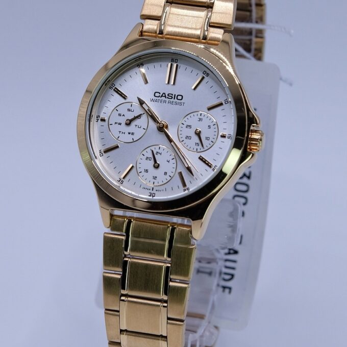 Montre Casio Femme - Bracelet Dorée En Acier Inoxydable -Résistante À L'Eau - 12 Mois De Garantie - Ltp-V300G-9Audf