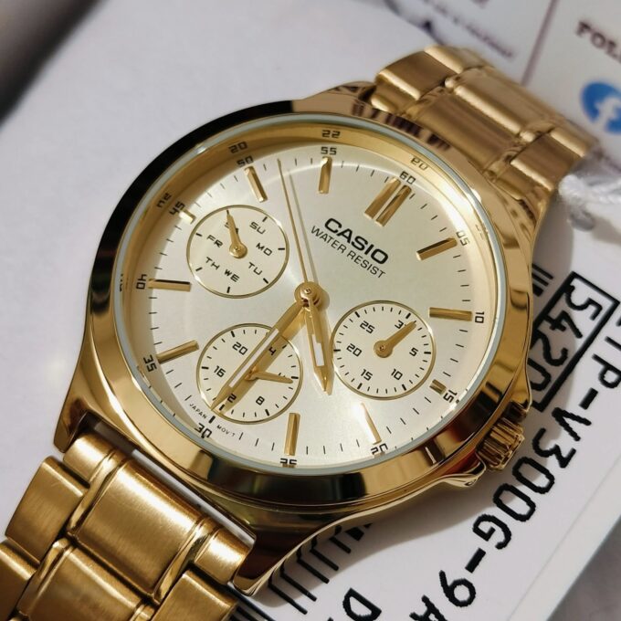 Montre Casio Femme - Bracelet Dorée En Acier Inoxydable -Résistante À L'Eau - 12 Mois De Garantie - Ltp-V300G-9Audf