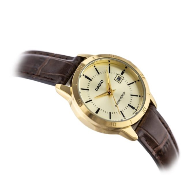 Montre Casio Femme - LTP-V004GL-9AUDF - Bracelet Marron En Cuir Véritable - Affichage analogique - Résistante À L'Eau - 12 Mois De Garantie