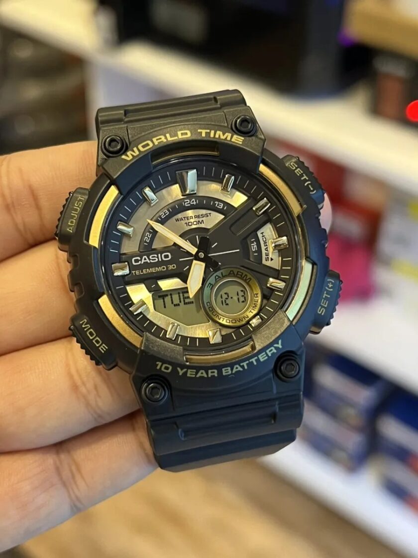 montre homme casio aeq 110bw 9avdf quartz analogique numérique, acier inoxydable, bracelet silicone noir, verre résine, 52mm, 2017