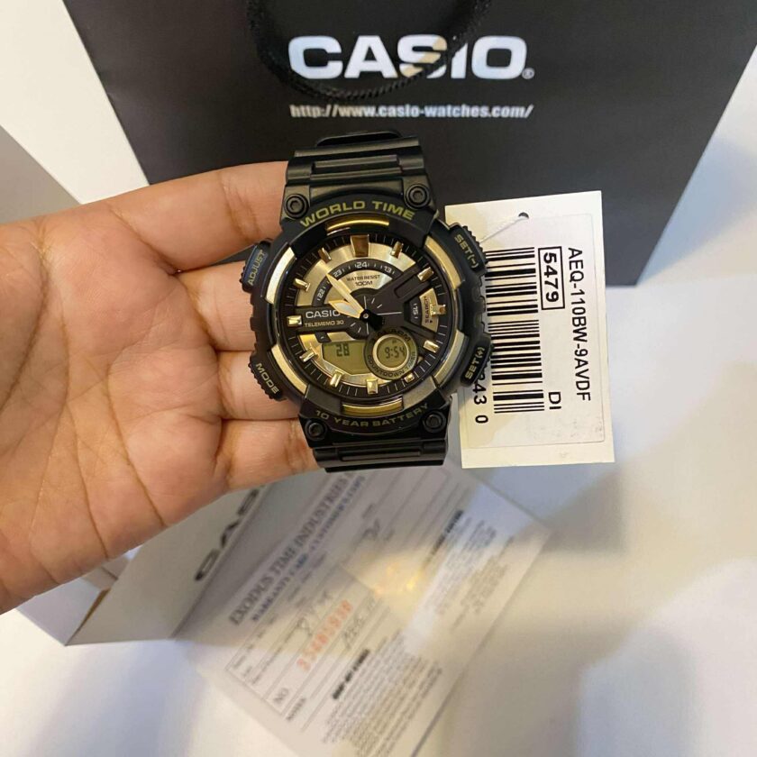 montre homme casio aeq 110bw 9avdf quartz analogique numérique, acier inoxydable, bracelet silicone noir, verre résine, 52mm, 2017