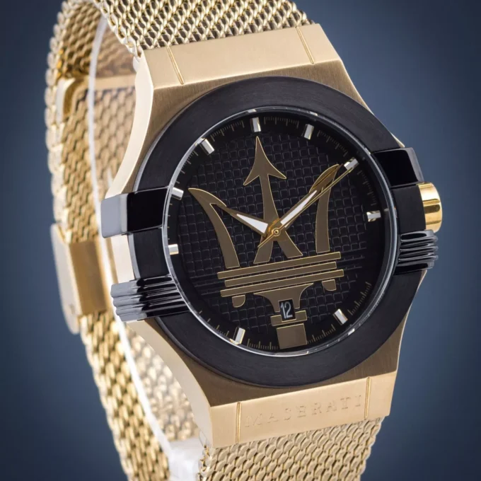 montre homme maserati potenza quartz cadran noir r8853108006 bracelet en acier inoxydable doré résistant à l'eau