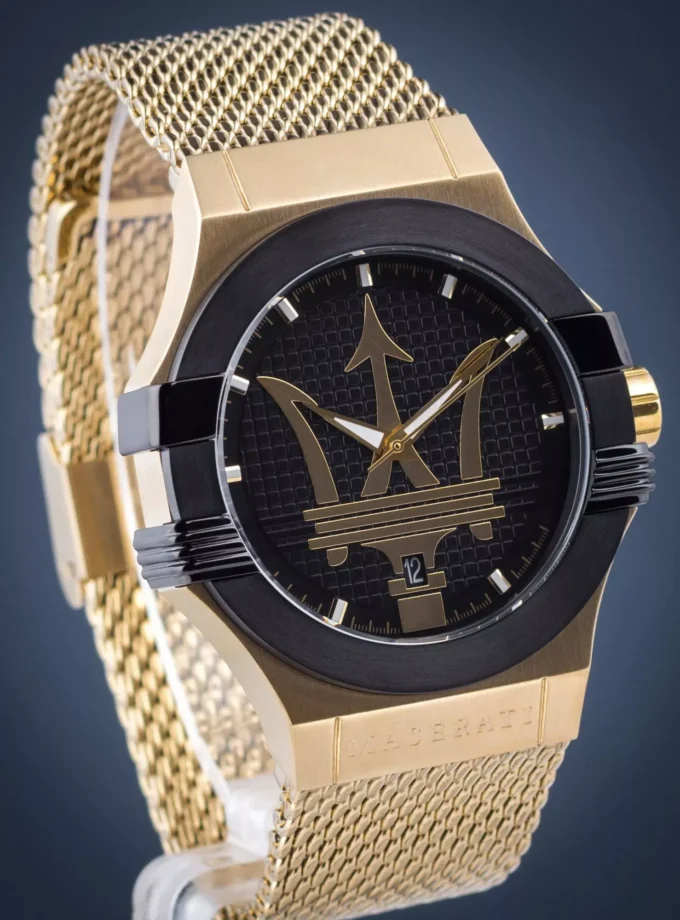 montre homme maserati potenza quartz cadran noir r8853108006 bracelet en acier inoxydable doré résistant à l'eau