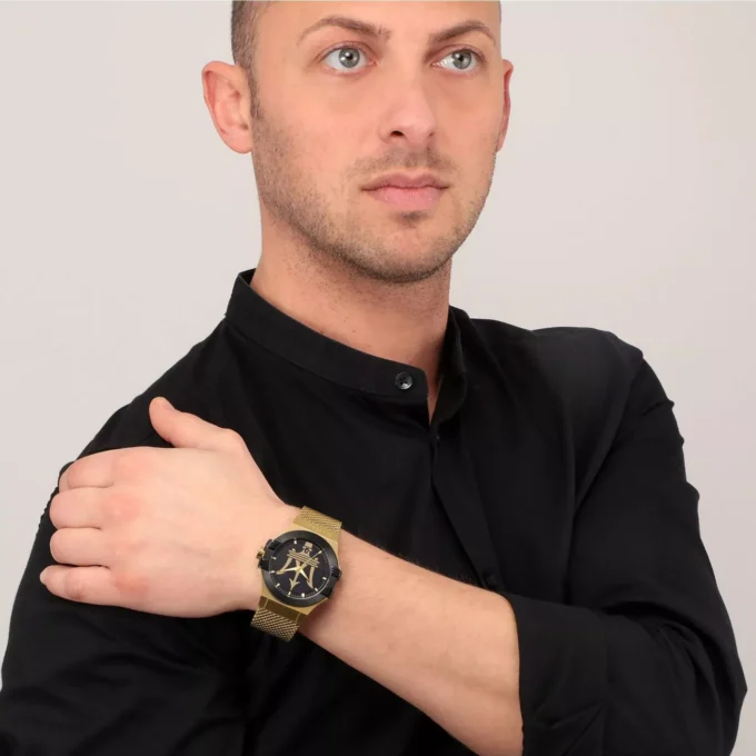 Montre Homme Maserati Potenza Quartz Cadran - Noir - R8853108006 - Bracelet en acier inoxydable doré - Résistant à l'eau