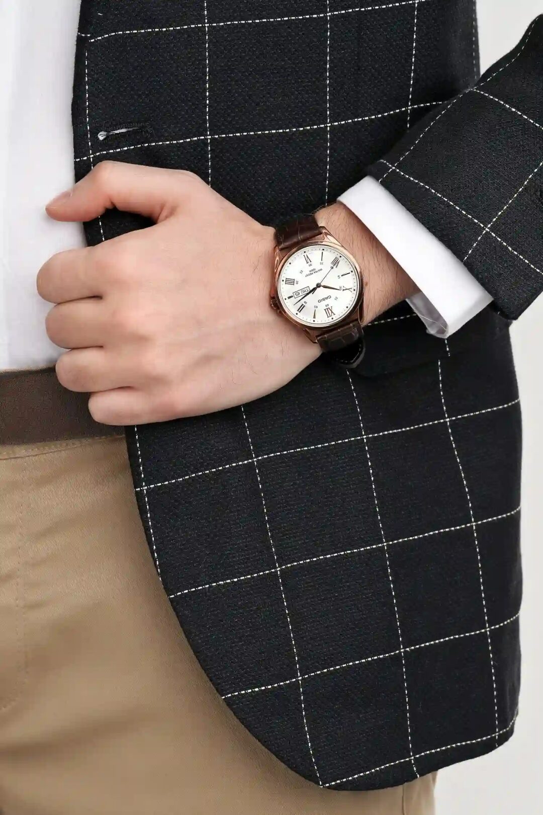 aiwatch_MTP-1384L-7AVDF - Montre Casio Homme - Bracelet Marron En Cuir Véritable - Cadran Blanc - 12 Mois De Garantie - Mtp-1384L-7Avdf