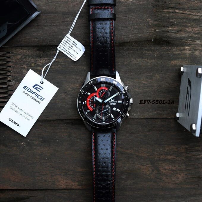 Montre Casio Homme - Bracelet Noir En Cuir Véritable - Résistante À L'Eau - 12 Mois De Garantie - Efv-550L-1Avudf