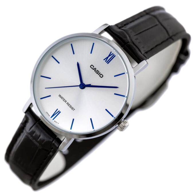 Montre Casio Femme - LTP-VT01L-7B1UDF - Bracelet Noir En Cuir Véritable - Cadran Blanc - 12 Mois De Garantie