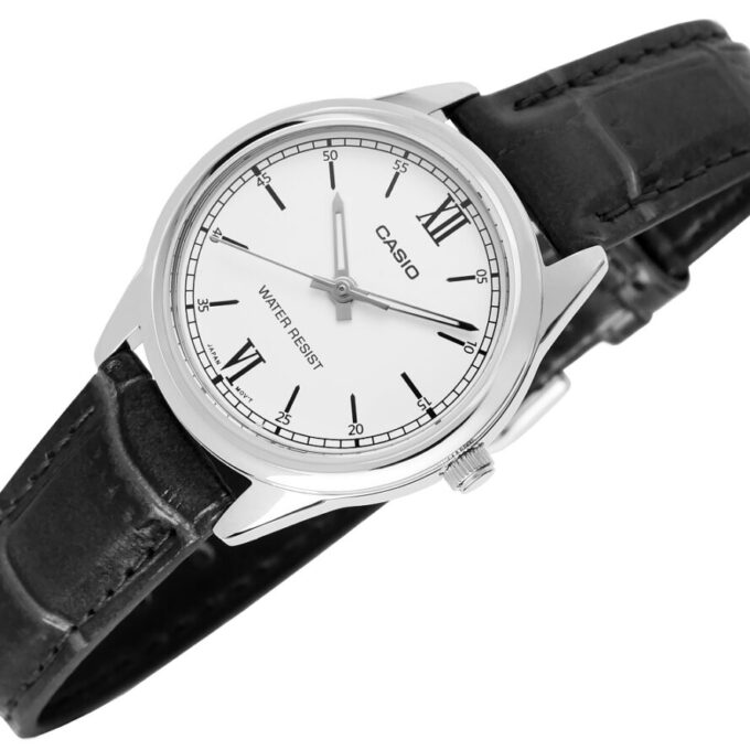 Montre Casio Femme - LTP-V005L-7B2UDF - Bracelet Noir En Cuir Véritable - Cadran Blanc - 12 Mois De Garantie