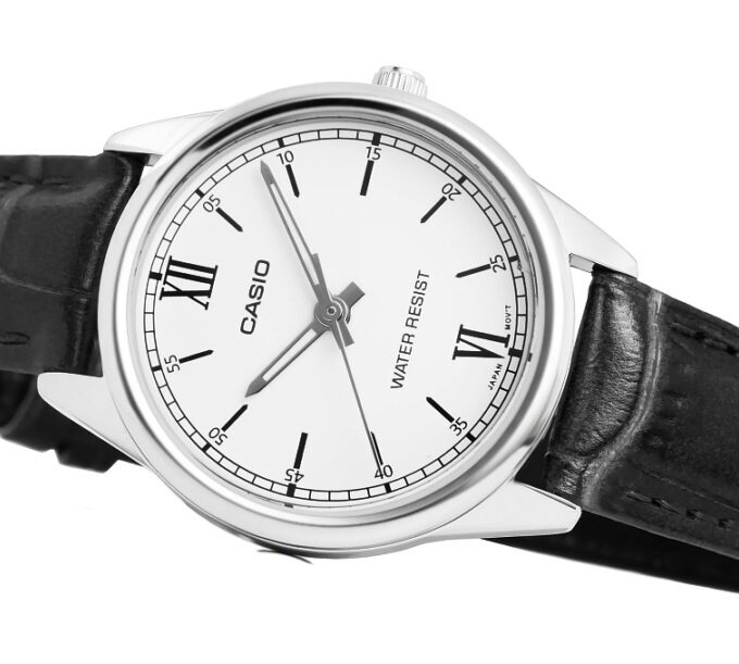 Montre Casio Femme - LTP-V005L-7B2UDF - Bracelet Noir En Cuir Véritable - Cadran Blanc - 12 Mois De Garantie