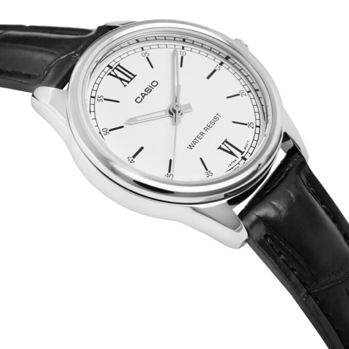 Montre Casio Femme - LTP-V005L-7B2UDF - Bracelet Noir En Cuir Véritable - Cadran Blanc - 12 Mois De Garantie