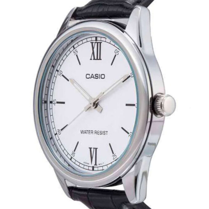 Montre Casio Femme - LTP-V005L-7B2UDF - Bracelet Noir En Cuir Véritable - Cadran Blanc - 12 Mois De Garantie