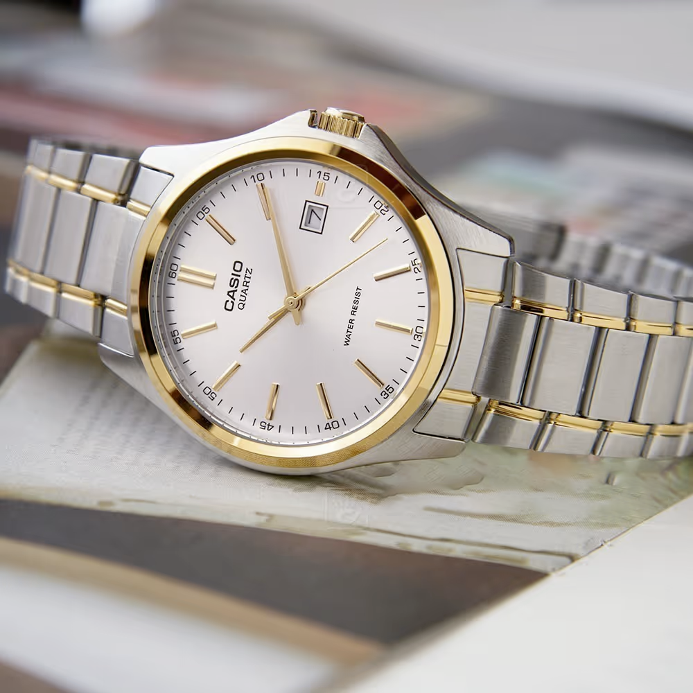 aiwatch_MTP-1183G-7ADF - Montre Casio Homme - Bracelet Gris/Dorée En Acier Inoxydable - Cadran Blanc - 12 Mois De Garantie - Mtp-1183G-7Adf