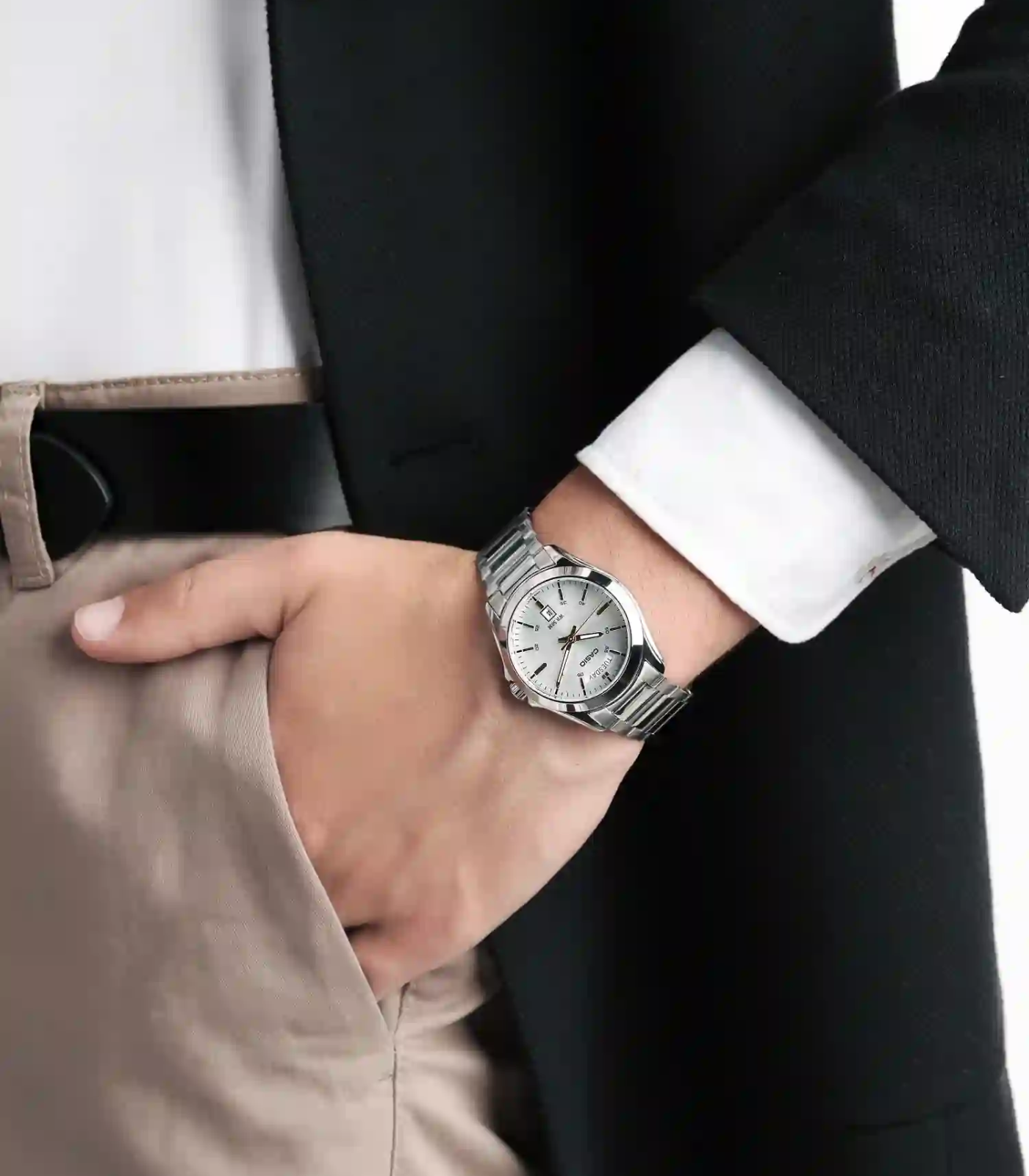 Montre Casio Homme - MTP-1370D-7A2VDF - Bracelet Gris En Acier Inoxydable - Affichage analogique - Cadran Blanc - 12 Mois De Garantie – Image 2