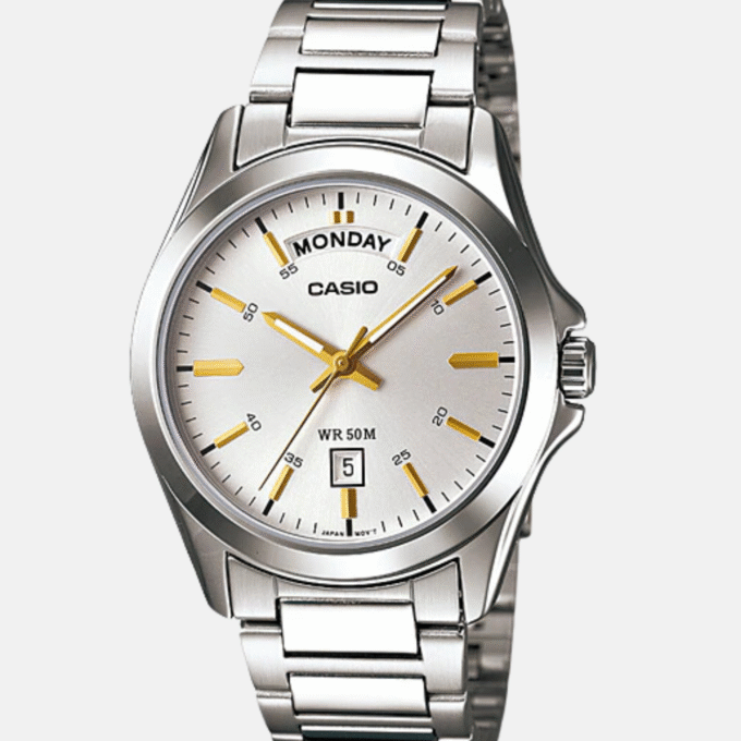 Montre Casio Homme - MTP-1370D-7A2VDF - Bracelet Gris En Acier Inoxydable - Affichage analogique - Cadran Blanc - 12 Mois De Garantie