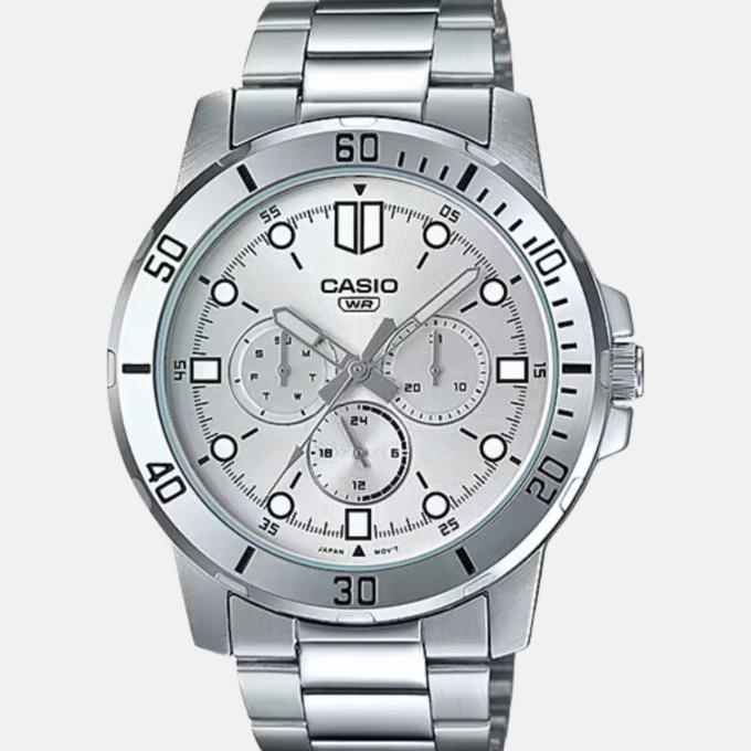 Montre Casio Homme - MTP-VD300D-7EUDF - Bracelet Gris En Acier Inoxydable - Cadran Blanc - 12 Mois De Garantie