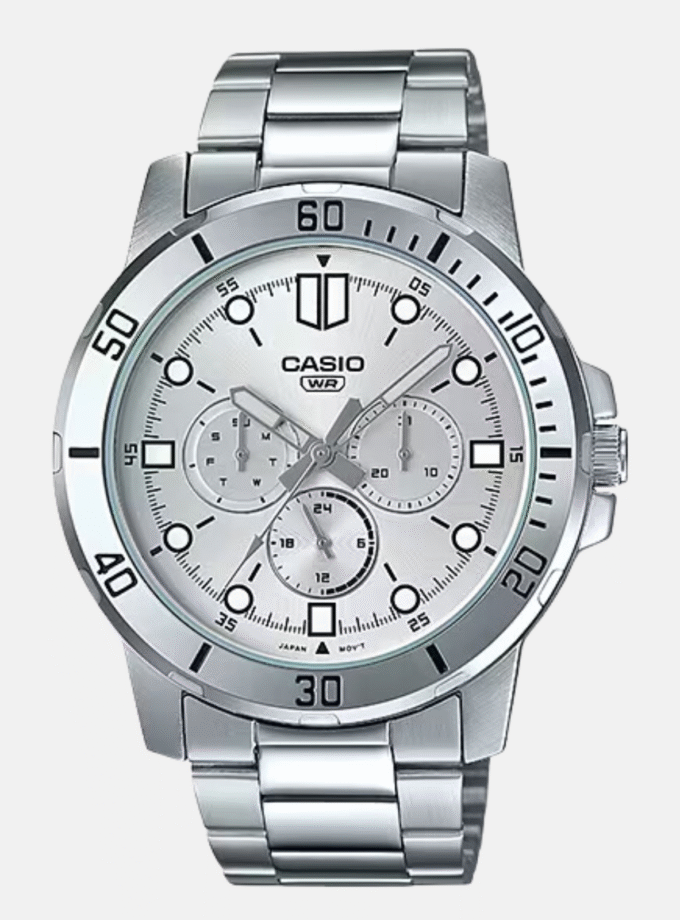 Montre Casio Homme - MTP-VD300D-7EUDF - Bracelet Gris En Acier Inoxydable - Cadran Blanc - 12 Mois De Garantie