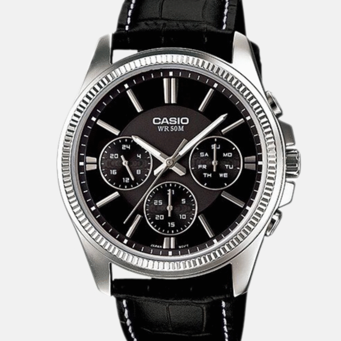 Montre Casio Homme - MTP-1375L-1AVDF - Bracelet Noir En Cuir Véritable - Résistante À L'Eau - 12 Mois De Garantie