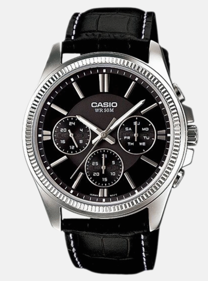 Montre Casio Homme -  MTP-1375L-1AVDF - Bracelet Noir En Cuir Véritable - Résistante À L'Eau - 12 Mois De Garantie