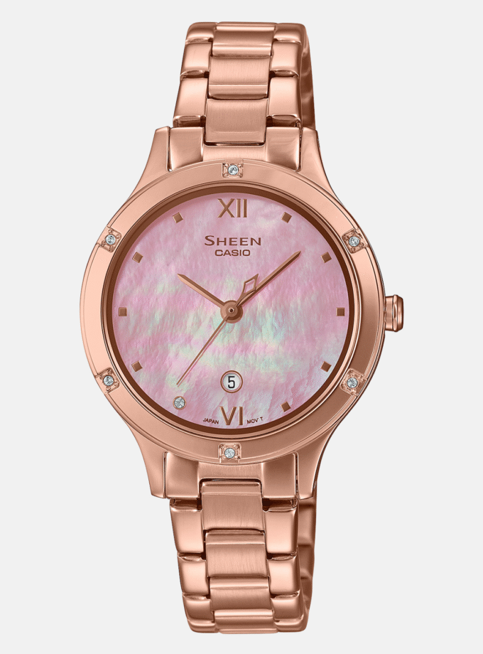 Montre Femme Casio Sheen - SHE-4546PG-4AUDF - Bracelet Dorée Rose En Acier Inoxydable - Résistance À L'Eau 50 M - Verre Saphir