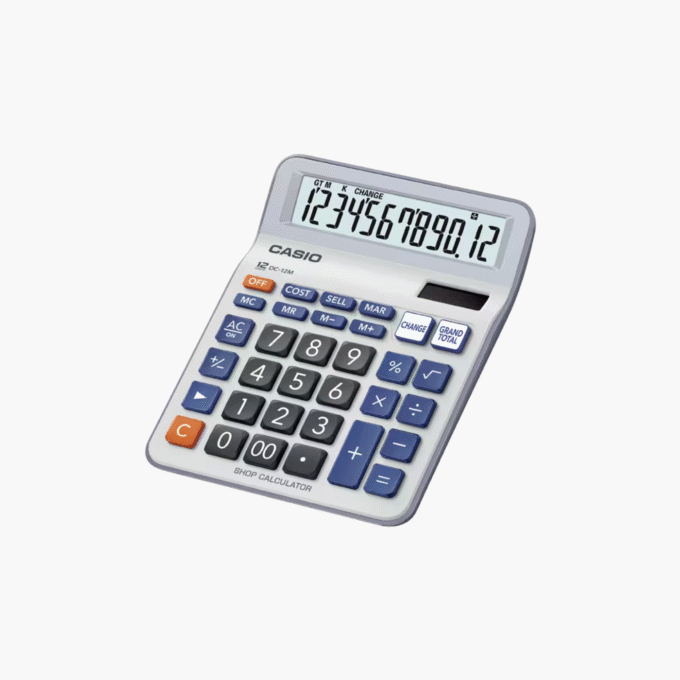 Calculatrice de bureau Casio - 12 chiffres, écran LCD incliné, solaire et pile, fonctions marge et mémoire, plastique, gris - DC-12M