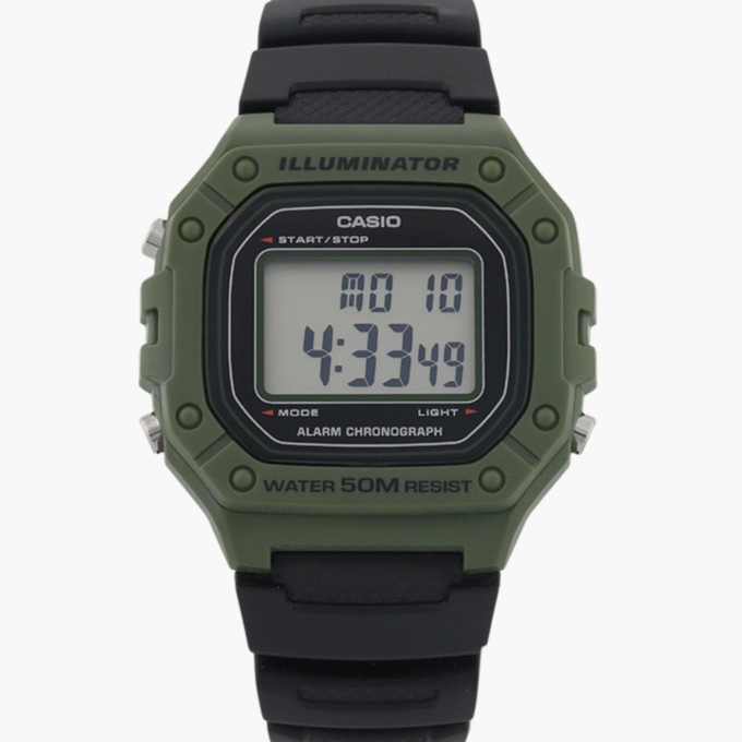 Montre Casio Homme - Bracelet Noir En Resine - Cadran Vert - Boitier En Resine - 12 Mois De Garantie - W-218H-3Avdf