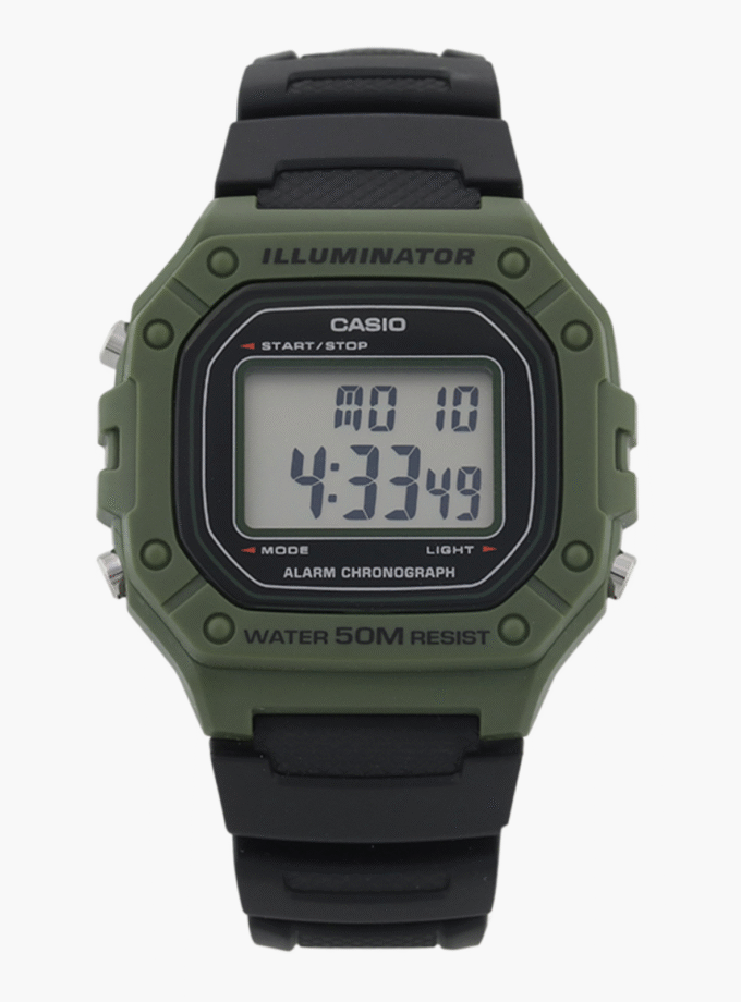 Montre Casio Homme - Bracelet Noir En Resine - Cadran Vert - Boitier En Resine - 12 Mois De Garantie - W-218H-3Avdf