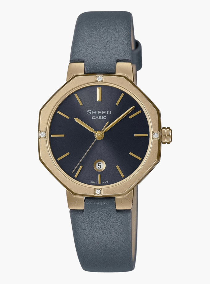 Montre Femme Casio Sheen She-4543Gl-8Audf - Bracelet Noir En Cuir Véritable - Verre En Saphir - Résistance À L'Eau 5 Atm