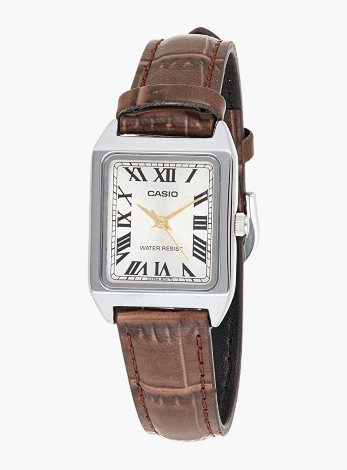 Montre Casio Femme - Bracelet Marron En Cuir Véritable - Cadran Jaune - 12 Mois De Garantie - Ltp-V007L-9Budf