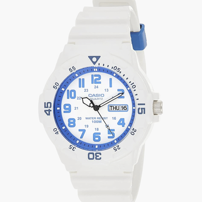 Montre Casio Homme - Bracelet Blanc En Resine - Cadran Blanc - Résistante À L'Eau - 12 Mois De Garantie - Mrw-200Hc-7B2Vdf