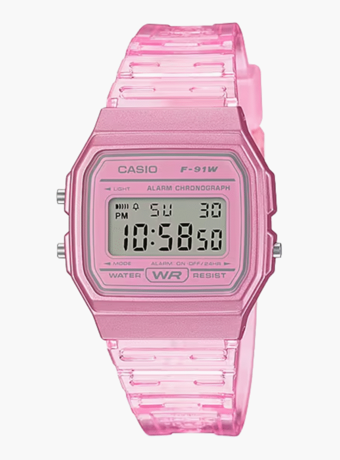 Montre Casio Unisexe - F-91WS-4DF - Bracelet Rose En Resine - Boitier En Resine - Résistante À L'Eau - 12 Mois De Garantie