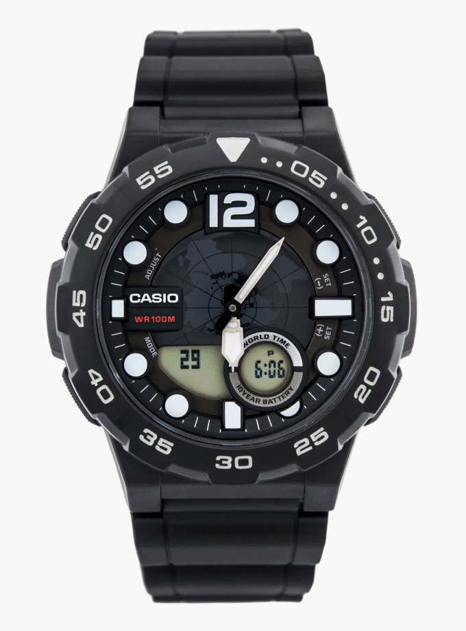 Montre Casio Homme - Bracelet Noir En Resine - Boitier En Resine - Résistante À L'Eau - 12 Mois De Garantie - Aeq-100W-1Avdf