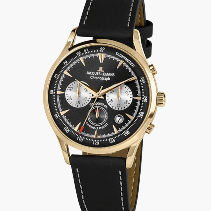 Montre Jacques Lemans Homme - Bracelet En Cuir Véritable Noir - Cadran Noir - Etanche - 1-2068I - Garantie 1 an