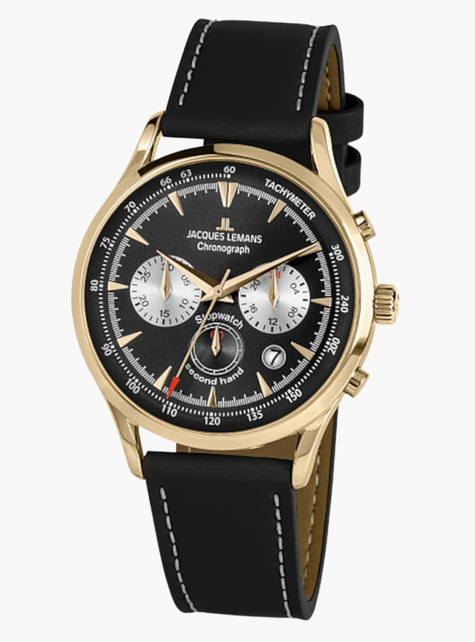 Montre Jacques Lemans Homme - Bracelet En Cuir Véritable Noir - Cadran Noir - Etanche - 1-2068I - Garantie 1 an
