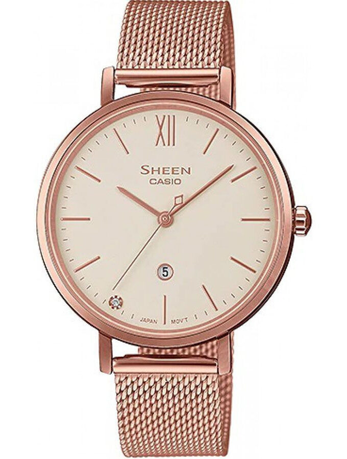 Montre Femme Casio Sheen - She-4548Pg-4Audf - Bracelet Doré Rose En Acier Inoxydable - Verre En Saphir - Résistance À L'Eau 5 Atm
