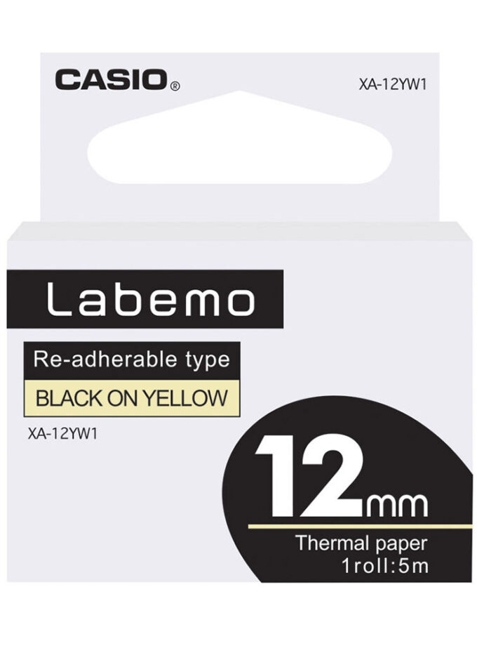 Ruban détiquetage Casio XR-18YW1 - 18mm x 8m - Noir sur Jaune - Compatible avec étiqueteuses Casio - Adhésif durable - Idéal pour bureau et entrepôt - Ref: XA-18YW