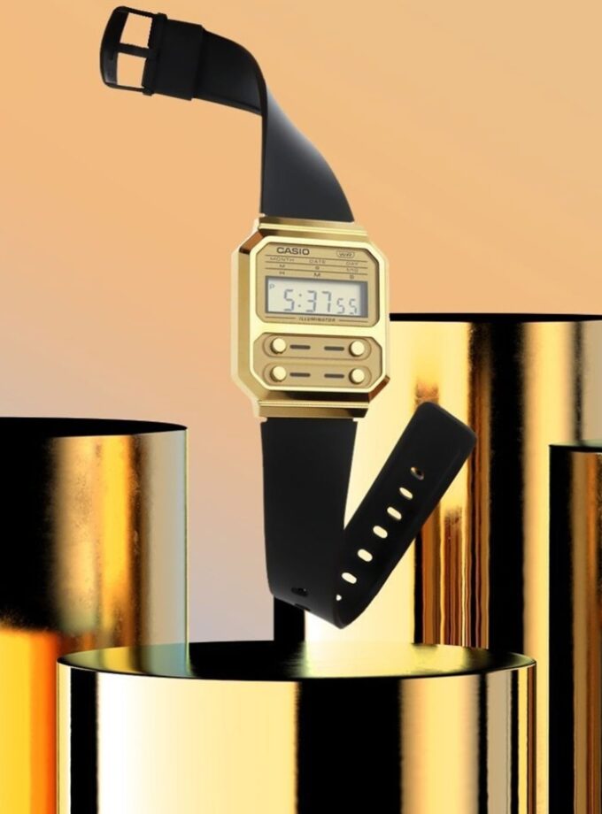 montre homme casio vintage a100wefg 9adf bracelet en résine noir cadran or résistant à l'eau