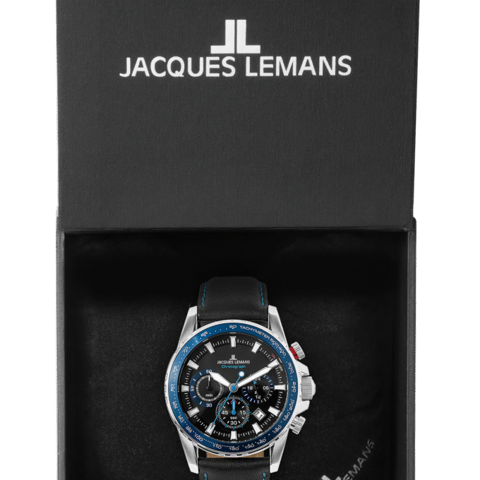 Montre Homme Jacques Lemans - 1-2099B.1 - Chronographe - Bracelet en cuir véritable noir - Résistant à l'eau