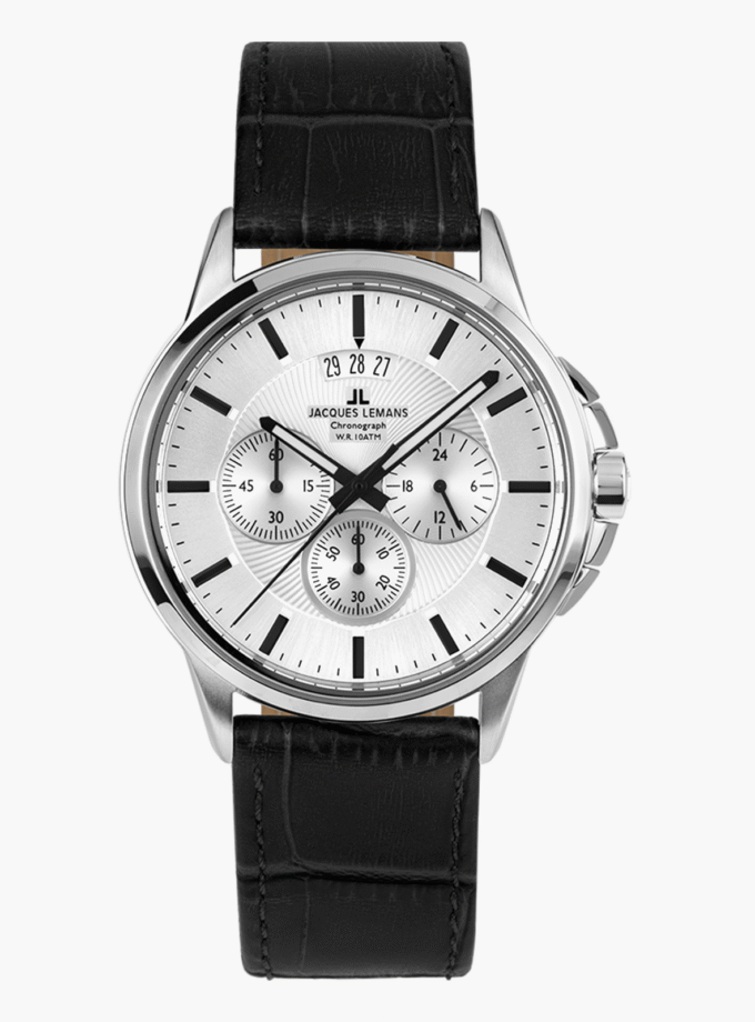 Montre Homme Jacques Lemans - 1-1542N - Bracelet véritable en cuir noir - Chronographe - Résistant à l'eau
