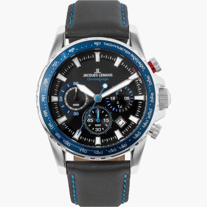Montre Homme Jacques Lemans - 1-2099B.1 - Chronographe - Bracelet en cuir véritable noir - Résistant à l'eau